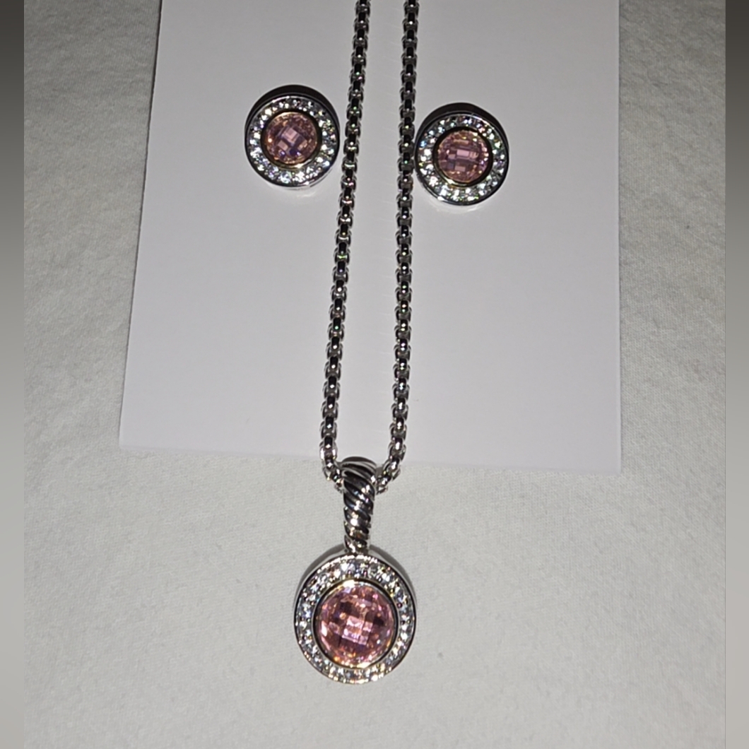 Versona Silver Necklace & Earring Set With Pink Accents - Never Worn